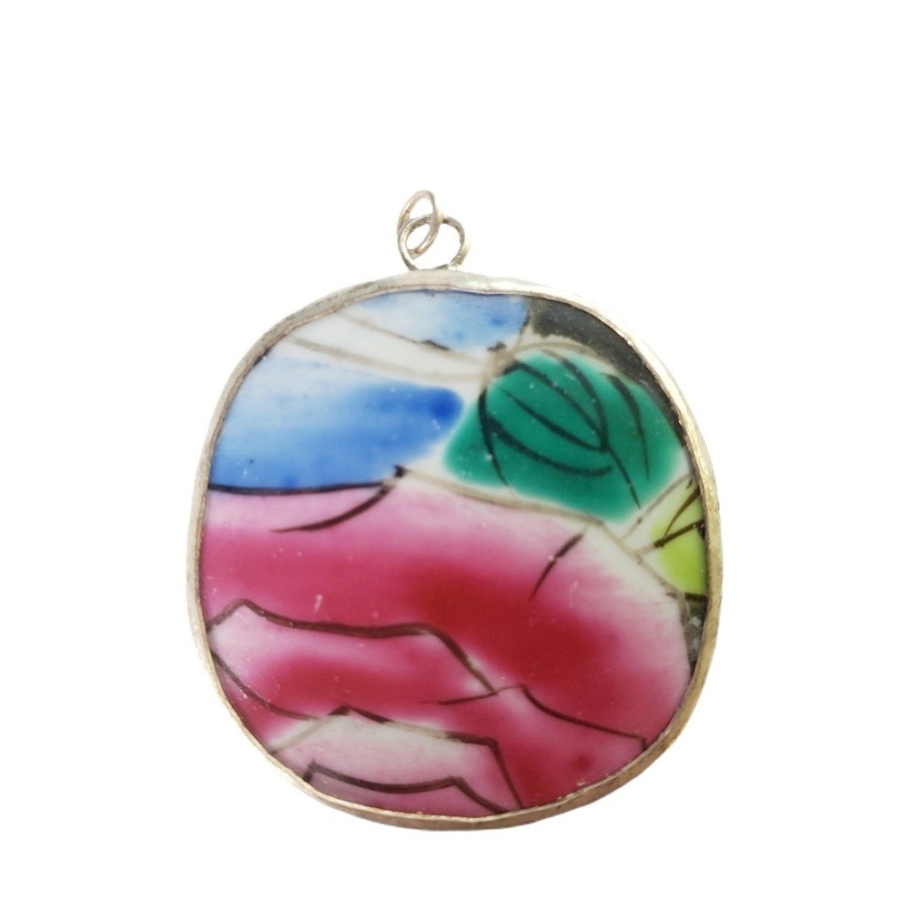 Vintage Broken China Floral Pendant Pink Blue Green Pottery Shard Jewelry Focal